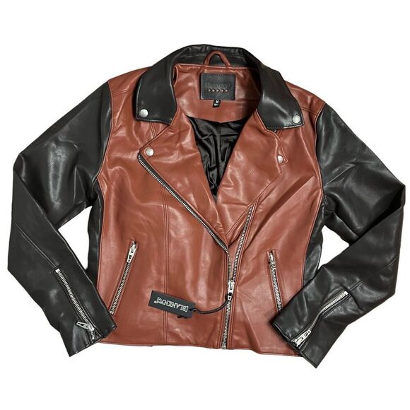 Blank NYC Jacket WMNS M Two Tone Black Biker Brown‎ Faux Leather Moto City Zip - Picture 1 of 13